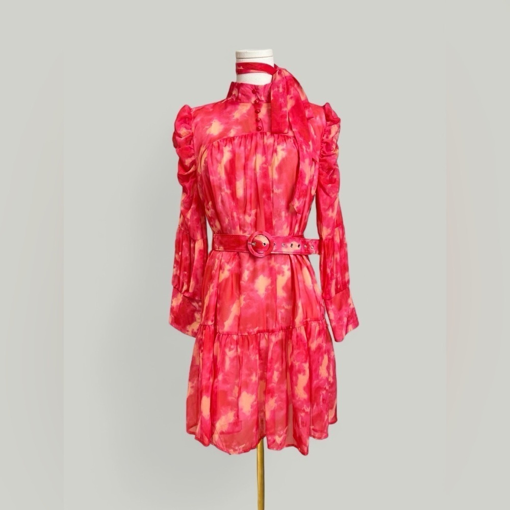 Dress Women Size Large Pink Tie Dye Mini Ruffle Long Sleeves Tiered Skirt Sheer - Picture 3 of 15